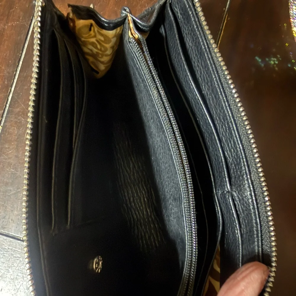 Brighton Black Leather & Leopard Haircalf Zip Card Holder